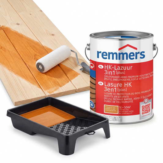 XL-set Remmers HK-Lazuur 3in1 PLUS Douglas 5 liter met verfroller en verfbak