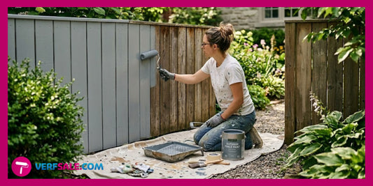 Persoon schildert een houten schutting in de tuin tijdens warm weer terwijl schildergereedschap klaarstaat voor een strak en egaal resultaat.